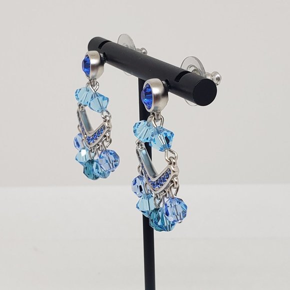 Swarovski Crystal Blue Chandelier Dangle Drop Silver Post Earrings - Picture 8 of 12